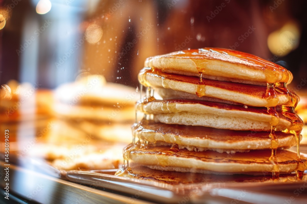 Poster delicious stack of pancakes with dripping maple syrup in a restaurant window display
