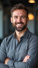 Fototapeta premium Confident businessman with beard, Stylish professional in grey shirt, Positive young entrepreneur portrait