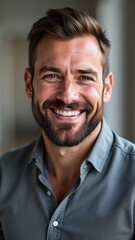 Obraz premium Confident businessman with beard, Stylish professional in grey shirt, Successful entrepreneur with positive expression