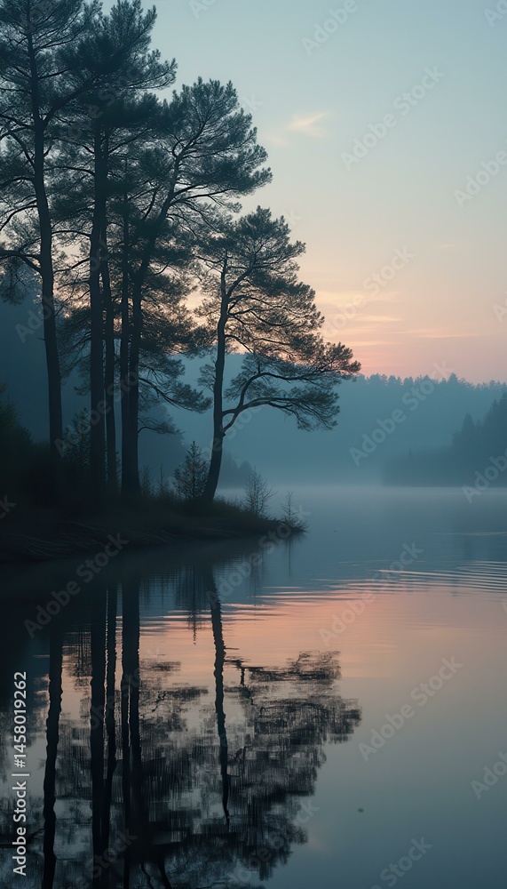 Poster misty lake at dawn with silhouette trees reflected in calm water under a soft pastel sky, creating a