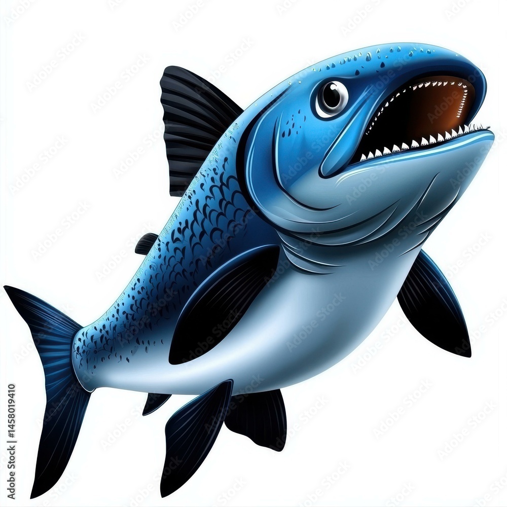 Poster animated cartoon fish with open mouth and sharp teeth on a white background