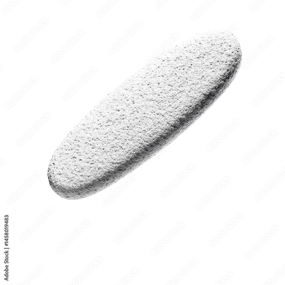 Poster grayscale, digitally rendered, oval-shaped object with a textured surface is presented against a sol