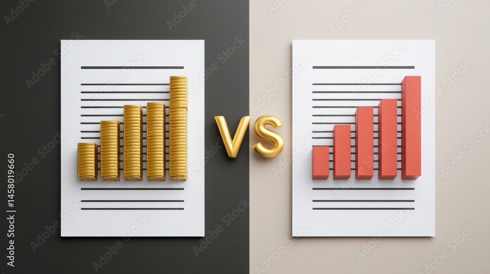 Poster a chart displaying a gold coin as a representation of income versus expenses in a clean and balanced