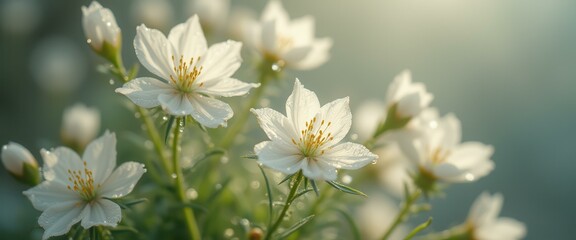 Elegant white flowers glistening with morning dew in a serene garden setting