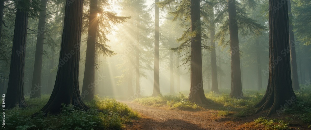 Poster Forest path with sun rays shining through the trees, creating a serene and ethereal atmosphere perfect for backgrounds.