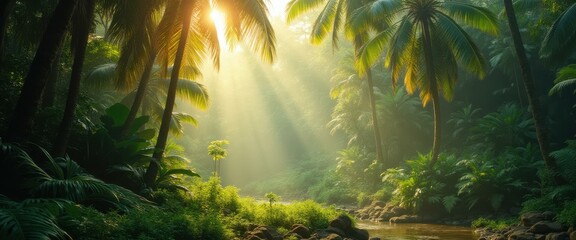 Tropical Jungle River Scene with Palm Trees and Sunbeams