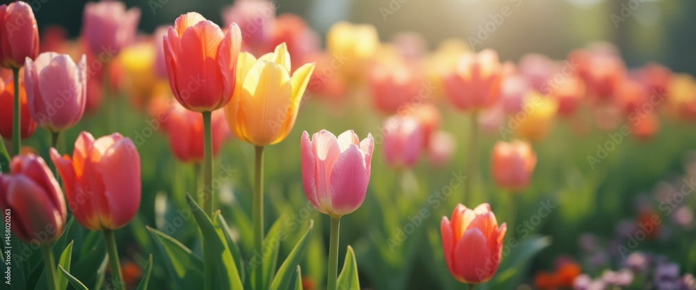 Poster Captivating tulip garden with a vibrant array of colors blooming in the soft sunlight, creating a beautiful floral display