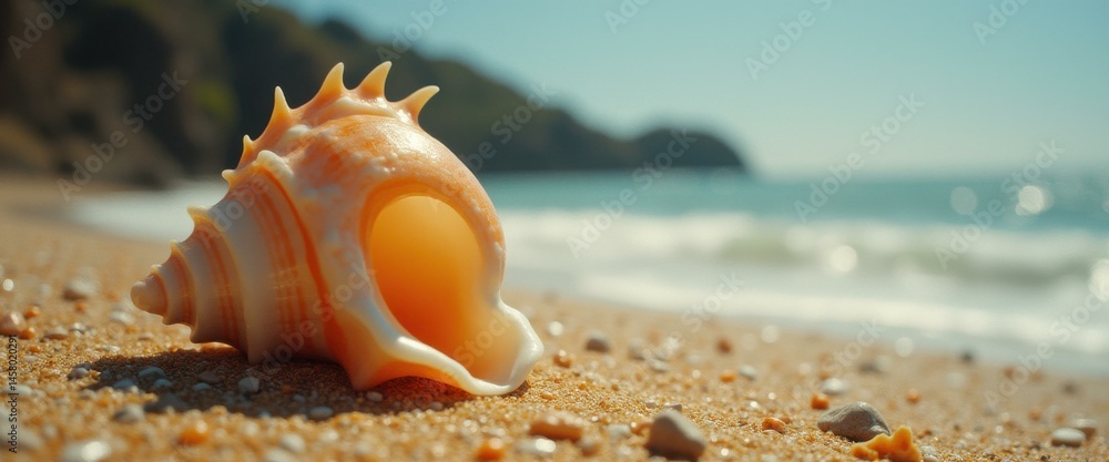 Poster seashell on sandy shoreline with ocean backdrop - coastal scene with warm tone