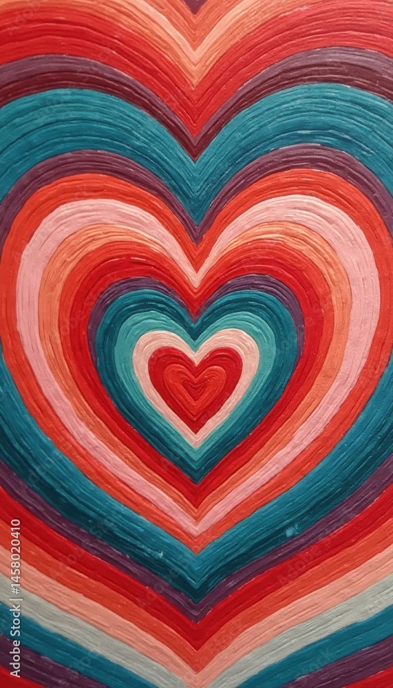 Poster abstract heart painting with concentric colorful layers creating a vivid and textured visual