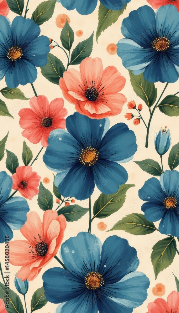 Poster blue and coral floral pattern: seamless botanical design for textile and backgrounds with delicate l