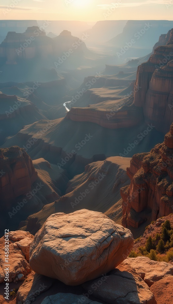 Poster Vast canyon landscape with a river running through it, bathed in warm light with a large boulder in the foreground