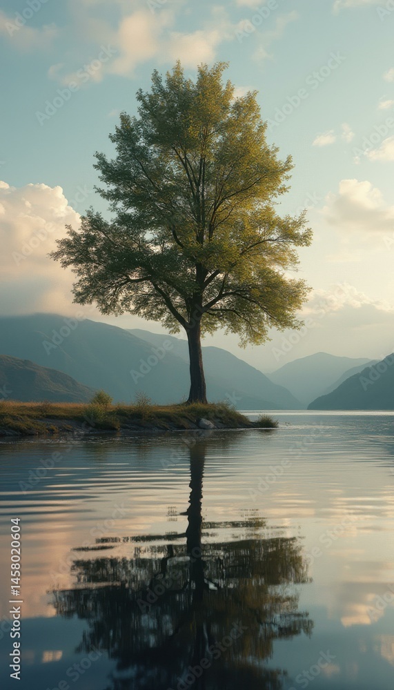 Poster Solitary tree on a grassy island in a tranquil lake, reflecting in the serene waters against a backdrop of hazy mountains and soft clouds