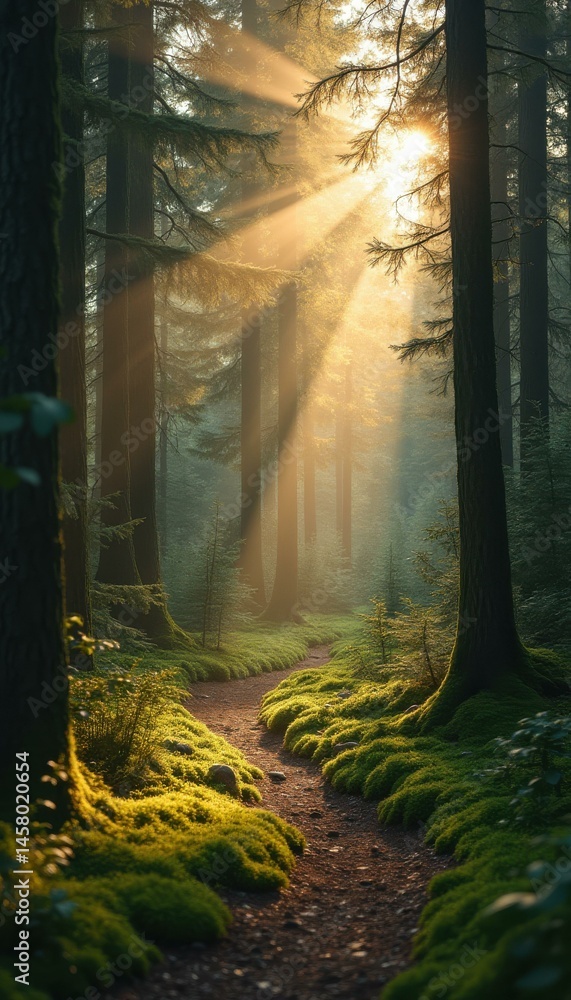 Aufkleber sunbeams filter through a dense forest, illuminating a mossy path winding between tall trees