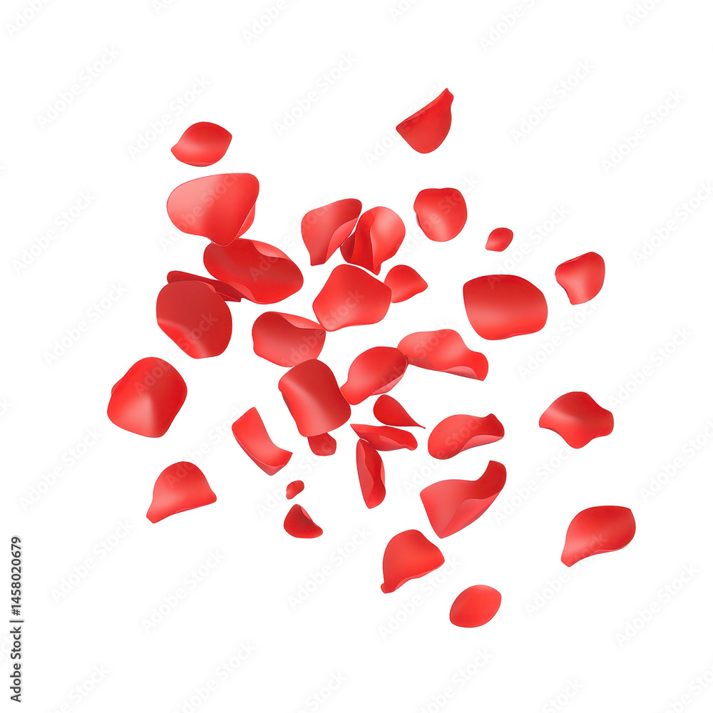Poster digital design featuring a multitude of red rose petals dispersed against a dynamic, abstract backdr