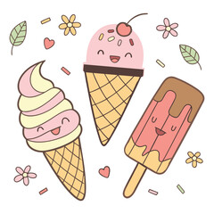 Cute Ice Cream and Popsicles Vector Set 