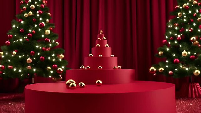 Festive Christmas Scene with Decorated Trees and Red Platform