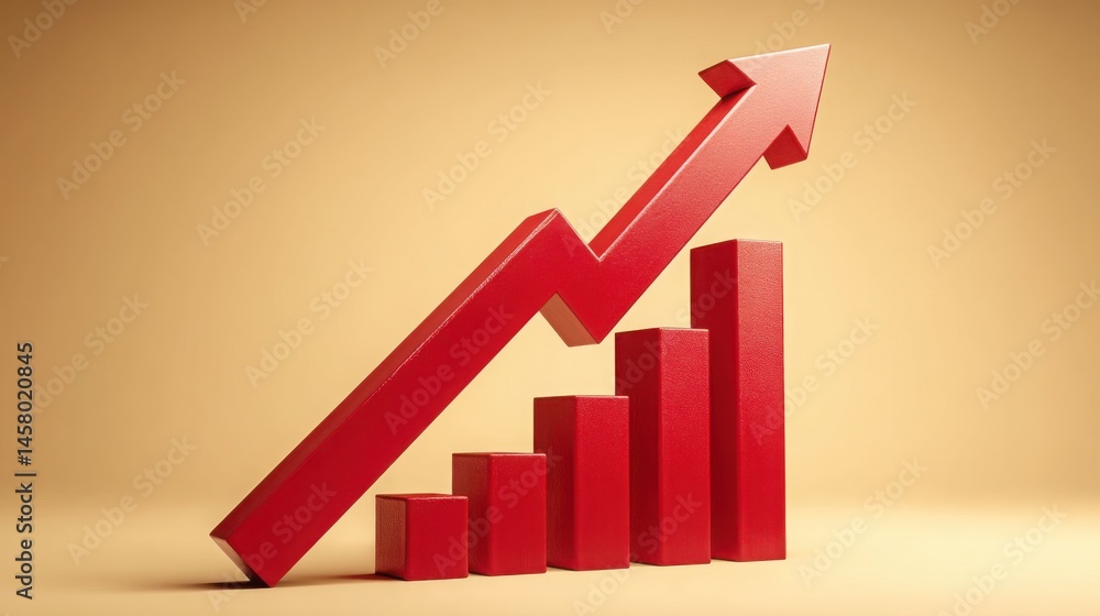 Poster red arrow rising up representing positive inflation trend forecasting and predicting cost increases 