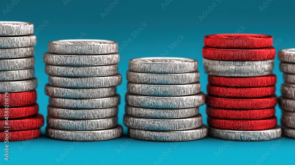 Poster stack of coins representing inflation trend forecasting with iconic concept of predicting future cos