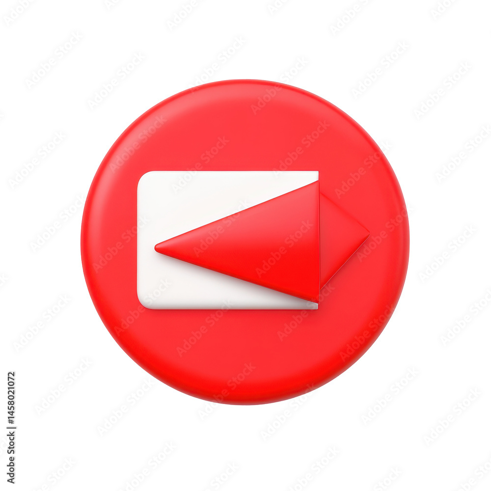 Poster bright red play button icon in a circular shape, with a 3d effect.
