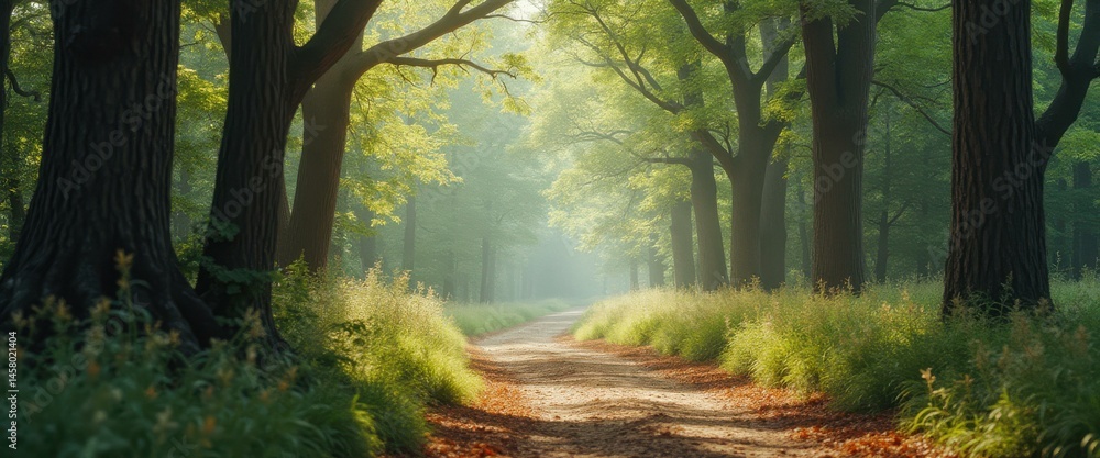 Fototapete mystical path through a serene forest with lush greenery and sunlight filtering through the trees.