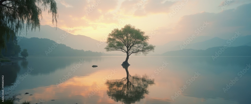 Poster solitary tree standing in calm waters with mountains and hazy sky at dusk