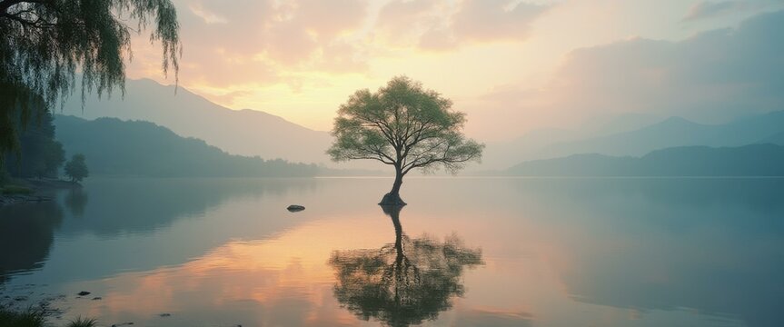 Solitary Tree Standing in Calm Waters with Mountains and Hazy Sky at Dusk
