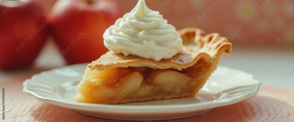 Poster appetizing slice of homemade apple pie with whipped cream on a white plate, complemented by fresh ap