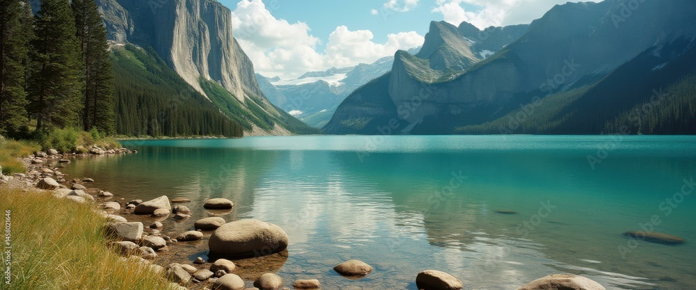 Poster tranquil mountain lake with turquoise water surrounded by towering cliffs and lush green forests on 