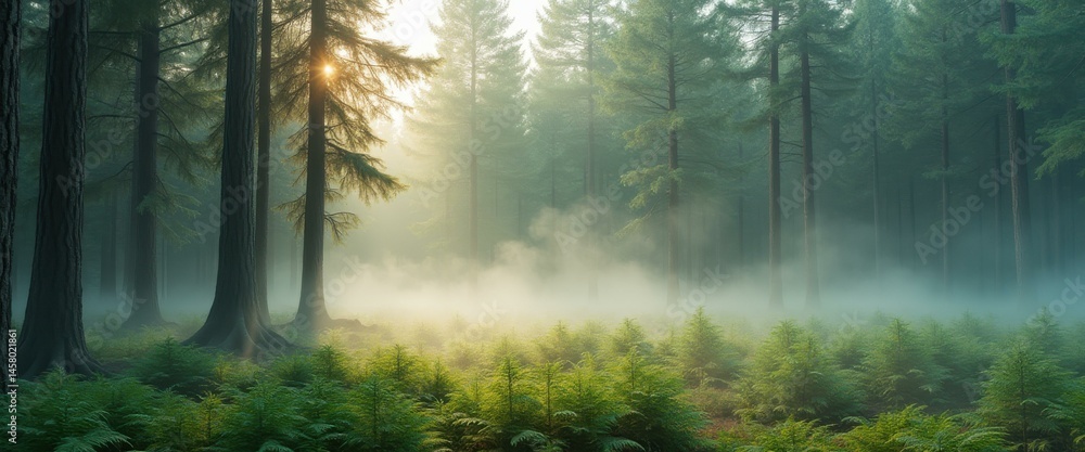 Poster ethereal forest scene with sunlight streaming through the mist and illuminating the lush ferns below