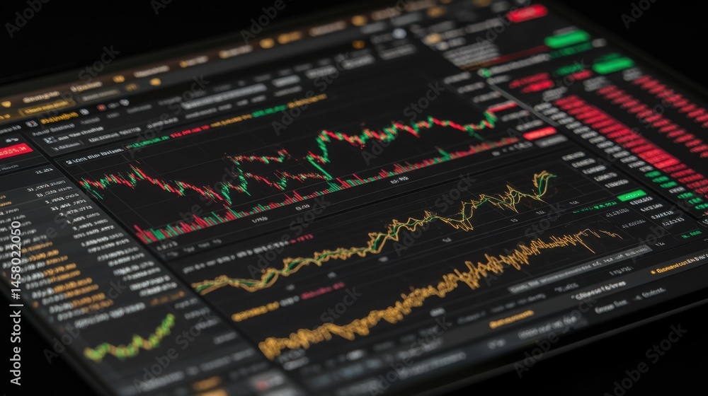 Poster computer screen displaying multiple graphs and trading data analysis for institutional trading insig