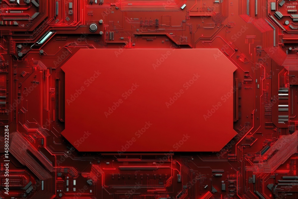 Poster a complex red circuit board surrounds a blank rectangular space. perfect for technology, innovation,