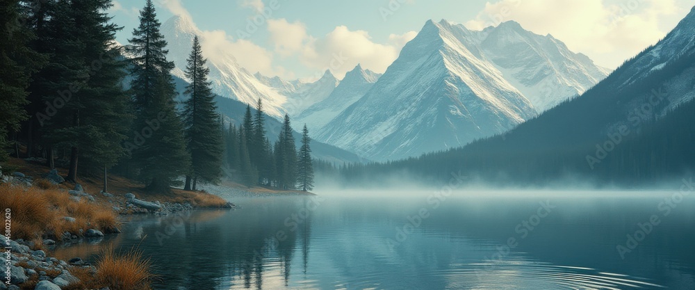 Poster serene lake surrounded by evergreen forest and snow-covered mountains creates a tranquil and scenic 