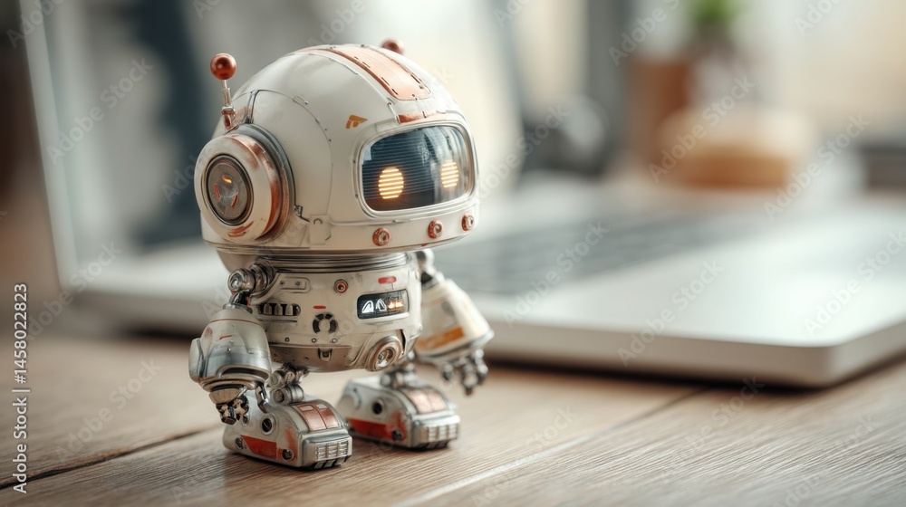 Poster intelligent trading assistant robot sitting on a desk representing advanced ai technology for financ