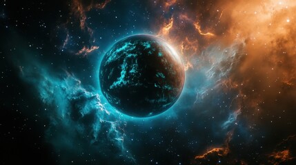 Naklejka premium A Stunning Glimpse of a Vibrant Planet Amidst Mystical Cosmic Clouds