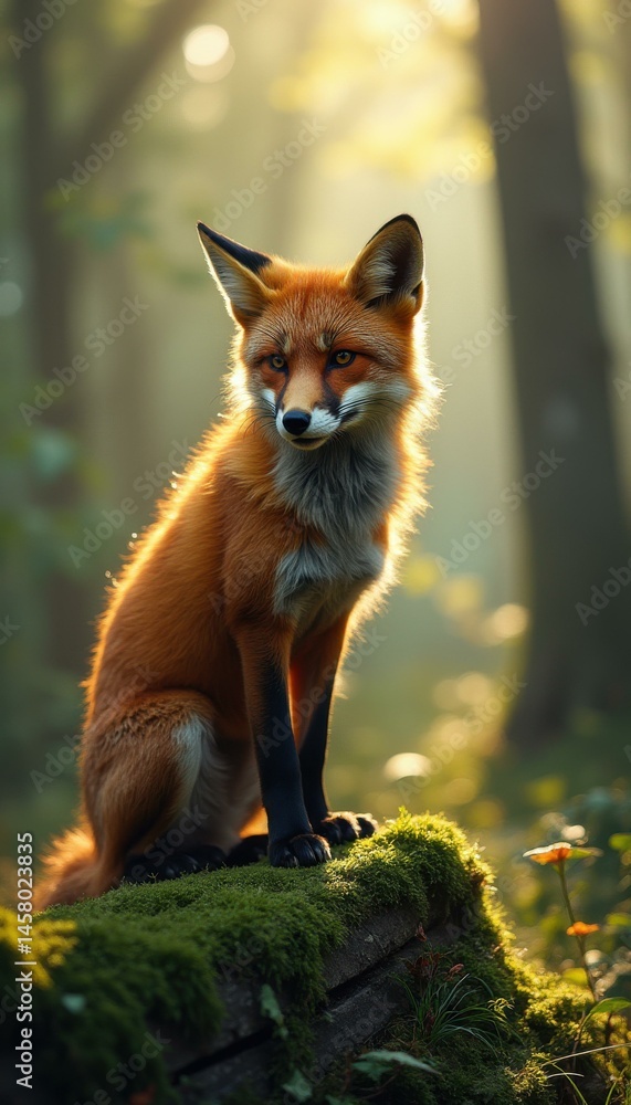 Poster a red fox sits atop a moss-covered log bathed in golden sunlight, evoking a sense of wilderness and 
