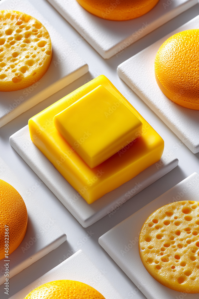 Aufkleber minimalist composition showcases square and round cheese slices combined in a grid layout. clean whi