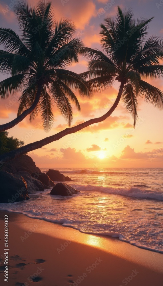 Poster tropical beach sunset with palm trees, golden sunlight reflecting on ocean waves and footprints in t