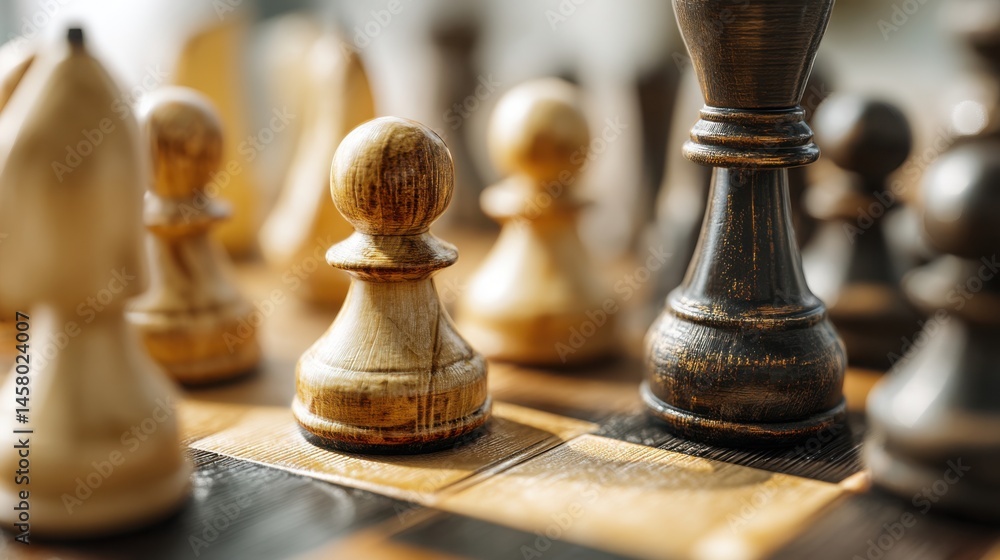 Poster a classic chess set representing strategic thinking and purpose-driven decision making in competitiv