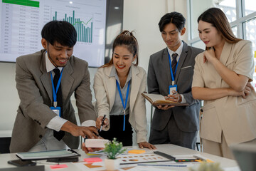 the atmosphere of the company's employees' meeting, businessmen brainstorming to increase the company's income, entrepreneur, marketing, finance, accounting, discussion, startup