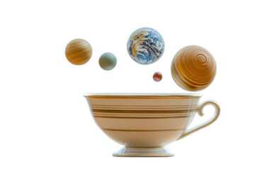 Teacup holds several stylized planets that appear to be levitating above its surface. The image is a creative visual representation of the solar system within a common household item.