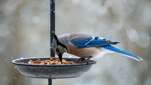 Blue jay feeding at bird feeder on snowy day