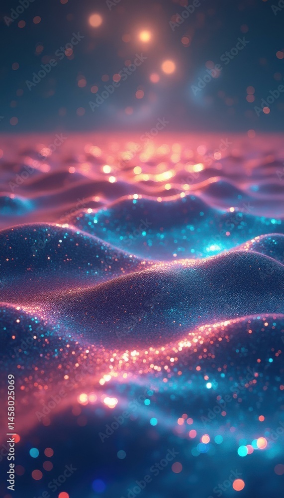 Poster abstract waves of sparkling particles in blue and pink hues