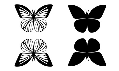 Black and white 2x2 grid of butterfly silhouettes each with unique patterns: top left (striped) top right (intricate) bottom left (spotted) bottom right (detailed symmetry).
