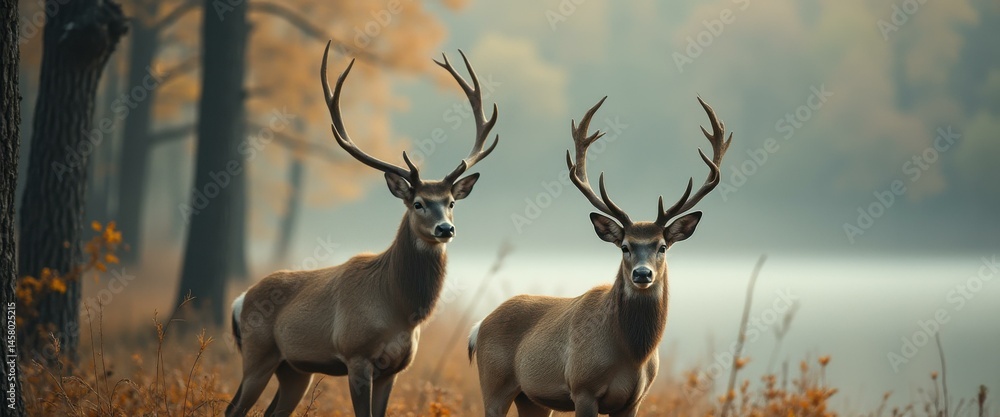 Aufkleber two deer with antlers stand in a misty forest, looking directly at the camera, creating an image of 