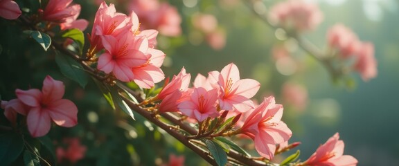 Delicate Pink Azalea Blooms Bathed in Soft Sunlight, Branch with Vibrant Flowers in a Garden Setting