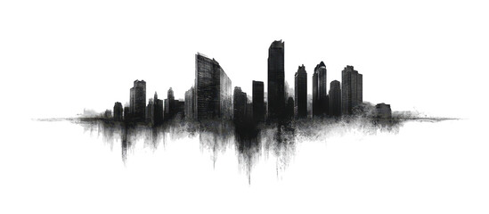 Naklejka premium Horizontal grayscale drawing of an abstract city skyline, featuring dark, textured shapes of buildings and structures.