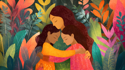 A mother embraces her two daughters in a colorful, stylized illustration surrounded by lush foliage, conveying love and family connection.