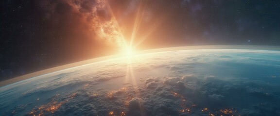 Breathtaking view of planet Earth with radiant sunrise illuminating clouds and city lights from space