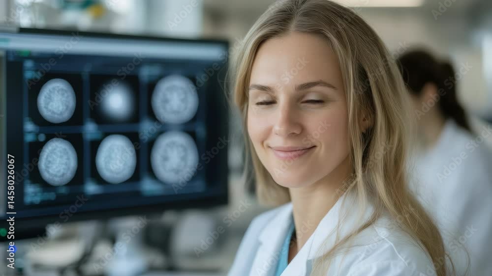Poster skilled medical professional in lab analyzing imaging data with advanced technology tools.