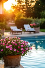 Obraz premium Poolside Relaxation with Pink Flowers and Loungers in the Golden Light of Sunset